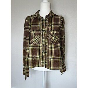 FREE People Sun City Plaid Top Brown Yellow Puff Sleeves Size Small NWTS $108 E